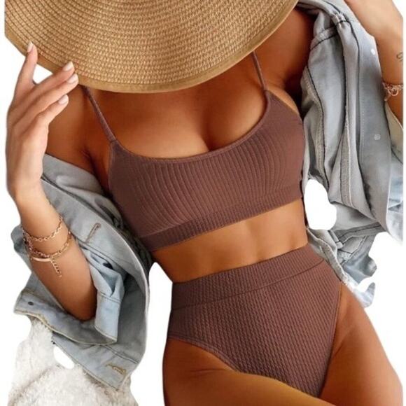 Women 2 Piece Swimsuit Medium Brown Scoop Neck Ribbed Bikini High-Cut Leg Cheeky - Picture 2 of 5